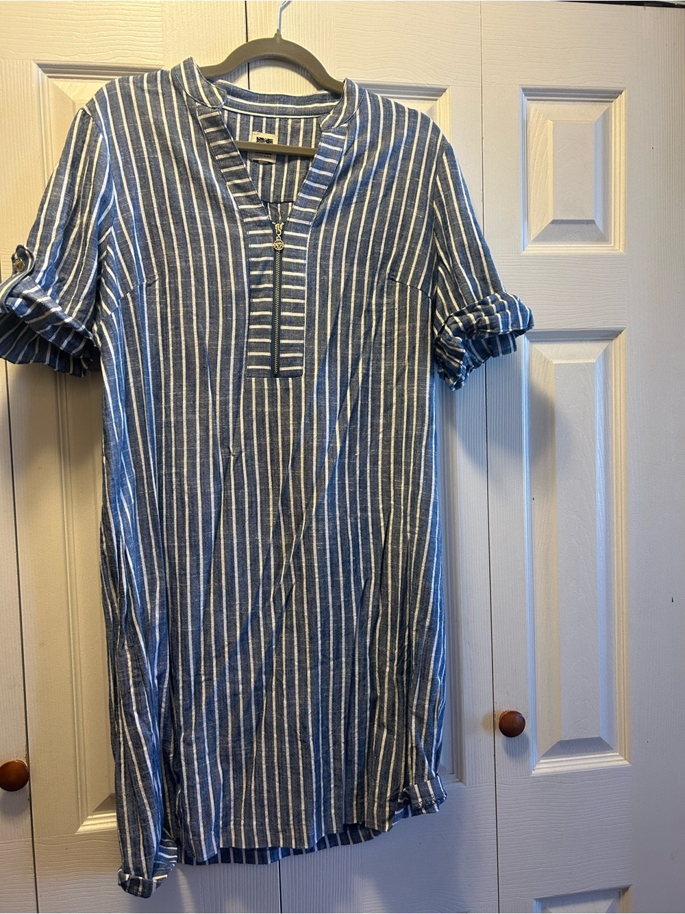 Anne Klein Blue and White Striped Zip Tunic Midi Dress